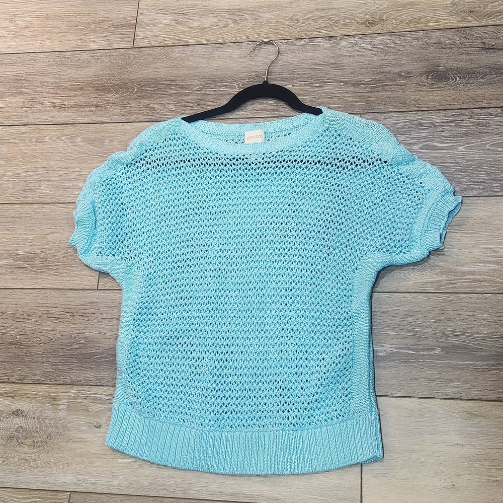 Chico’s Sweater Womens 1 Petite  Blue Short Sleeve Pullover Open Knit Cotton